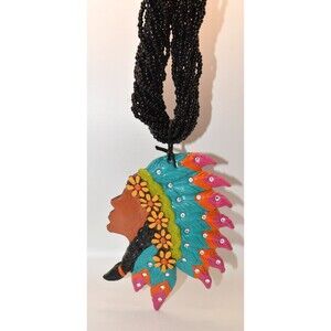 Sookie Sookie Handmade Clay Pendant Necklace Native Profile Beaded Statement